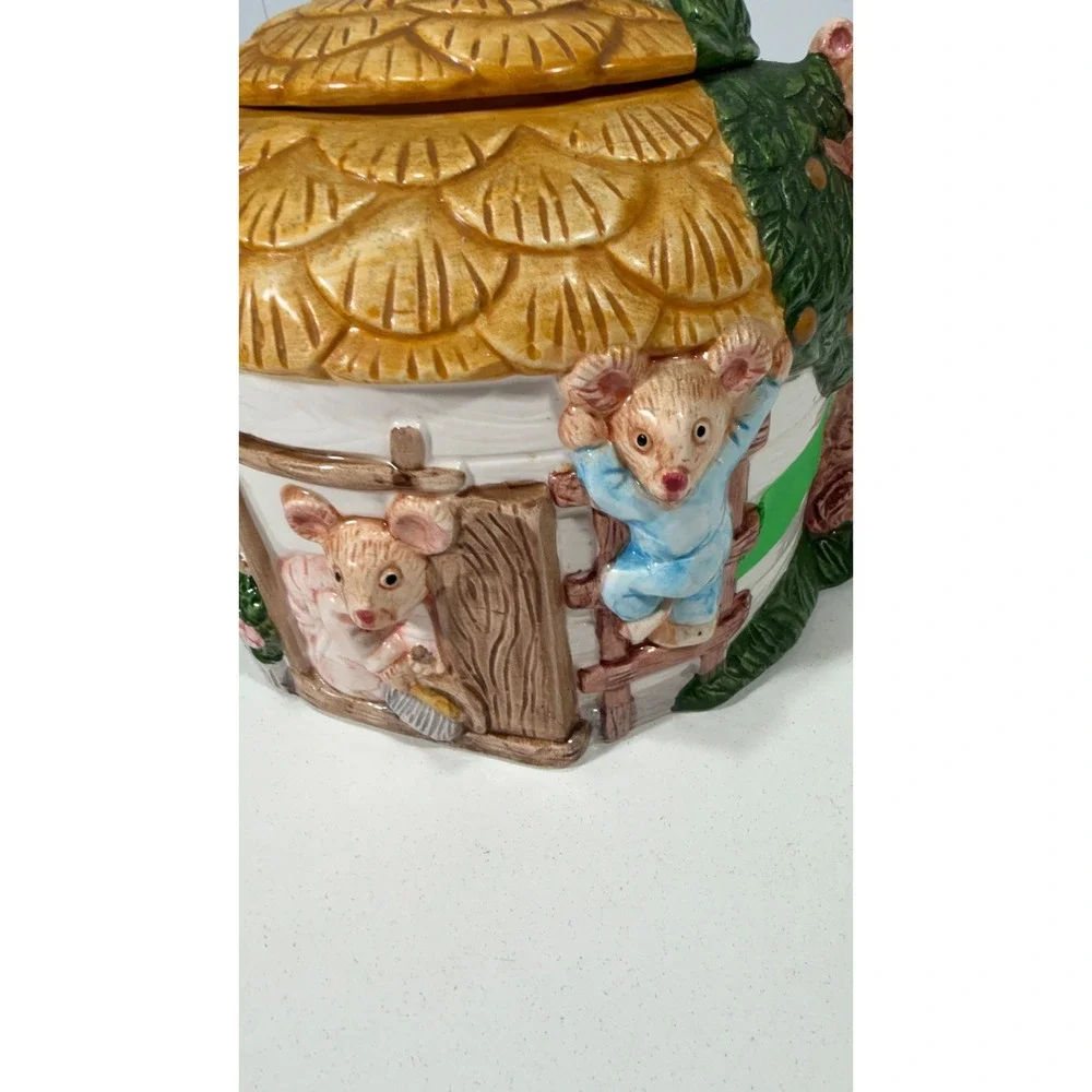 Vintage Ceramic Mouse Cottage Cookie Jar Hand Painted Whimsical Mice House 8in